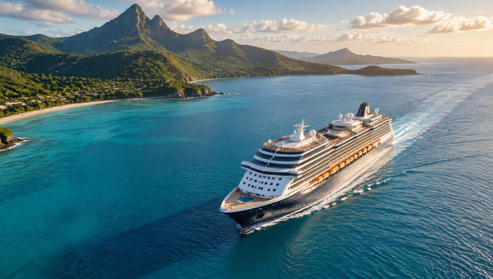 Cruise ship sailing through a bright tropical destination