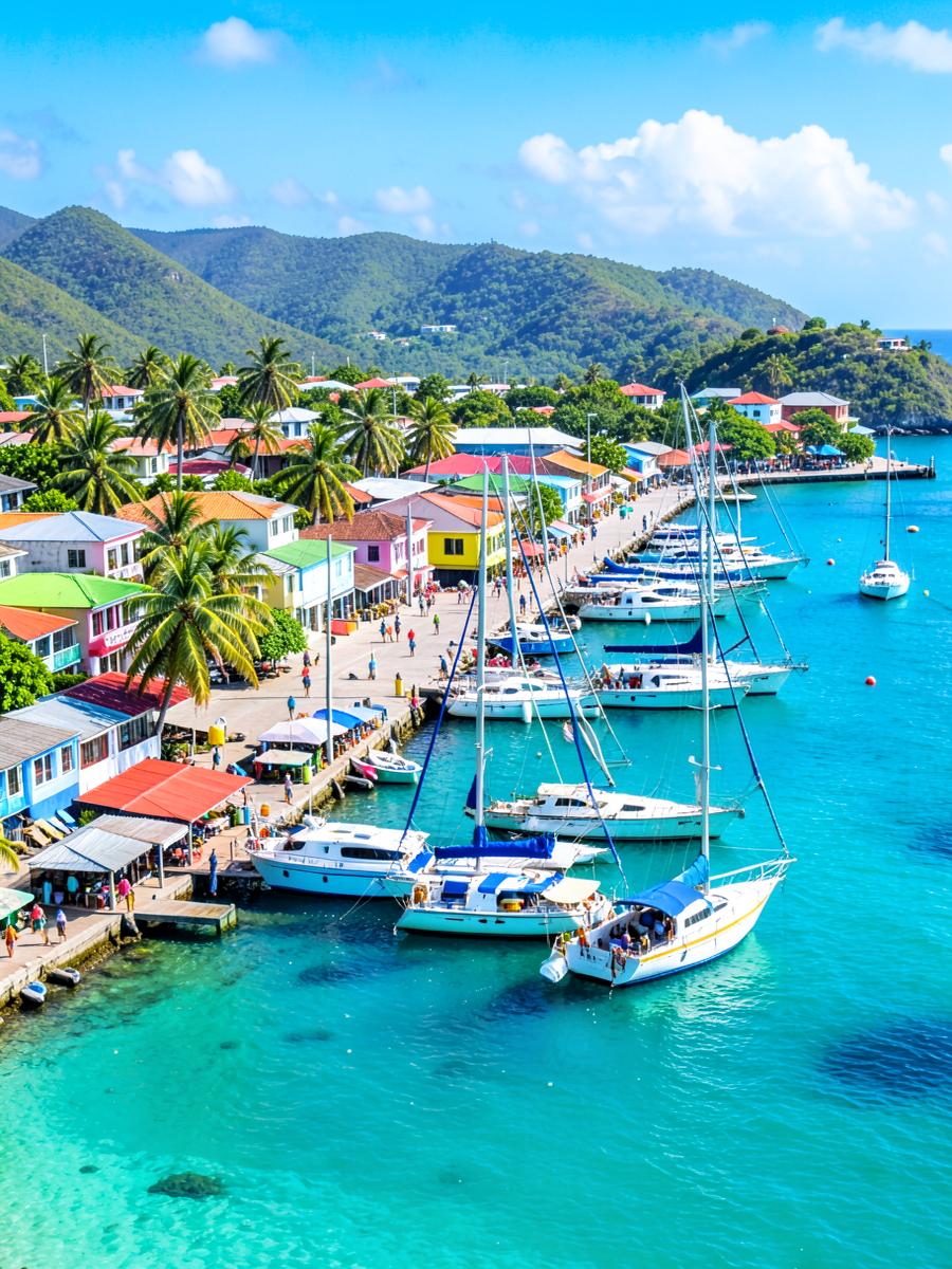 Colorful Caribbean port town with sailboats in a turquoise harbor