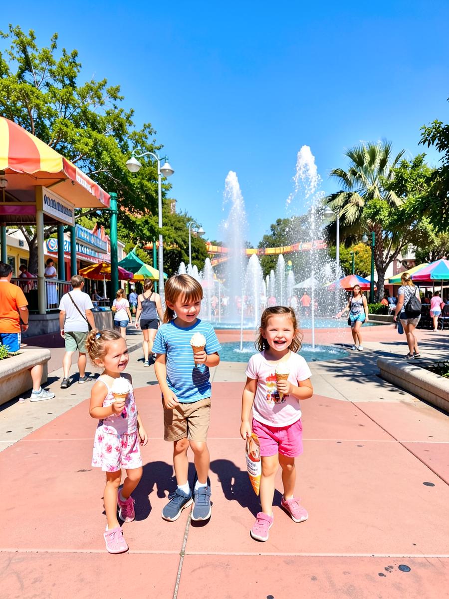 Children enjoying ice cream near fountains on a sunny theme park walkway