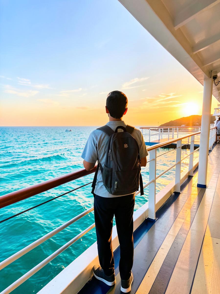Solo traveler on a cruise ship deck watching the ocean at sunrise