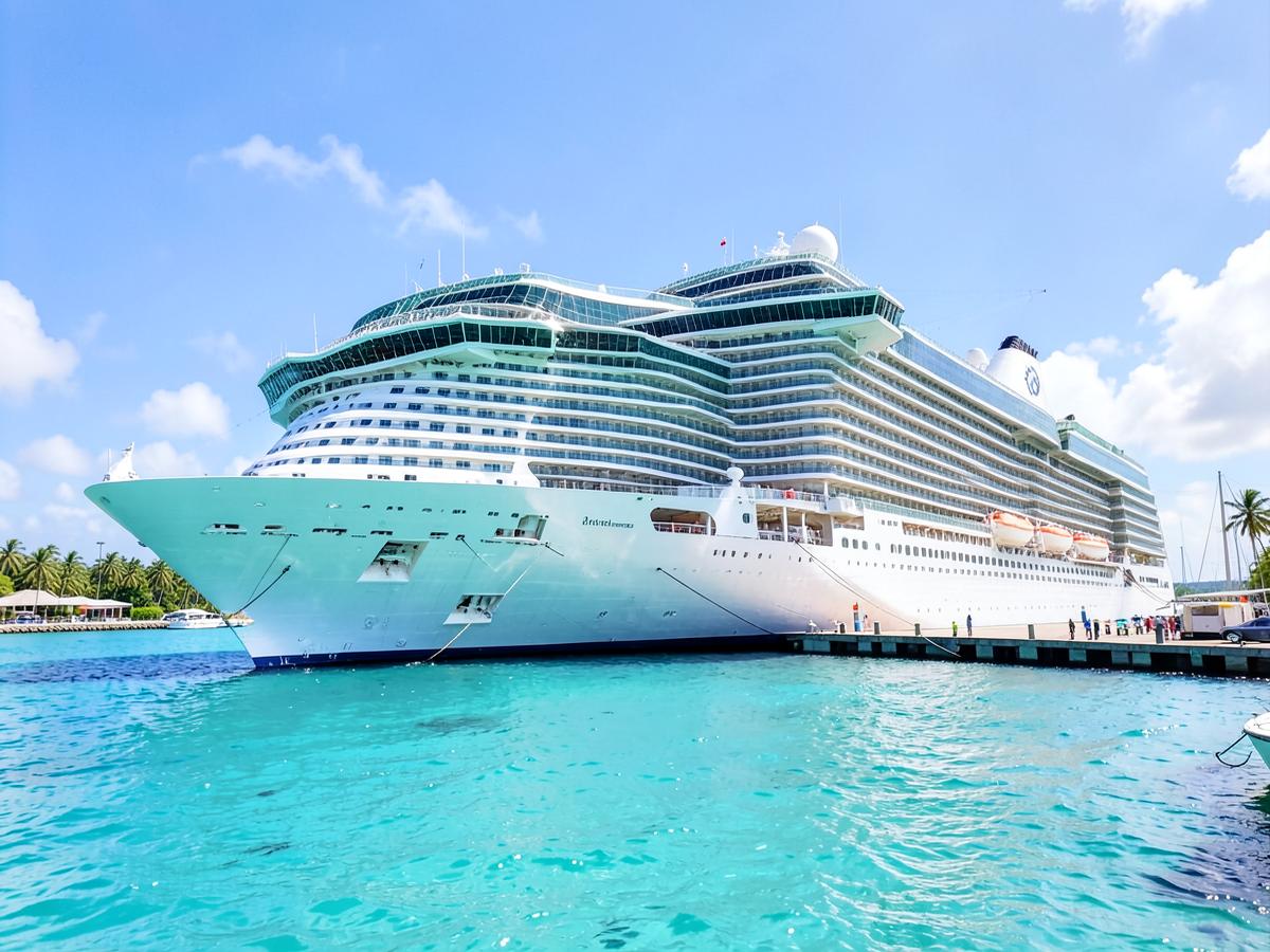 Cruise ship docked at a bright tropical port