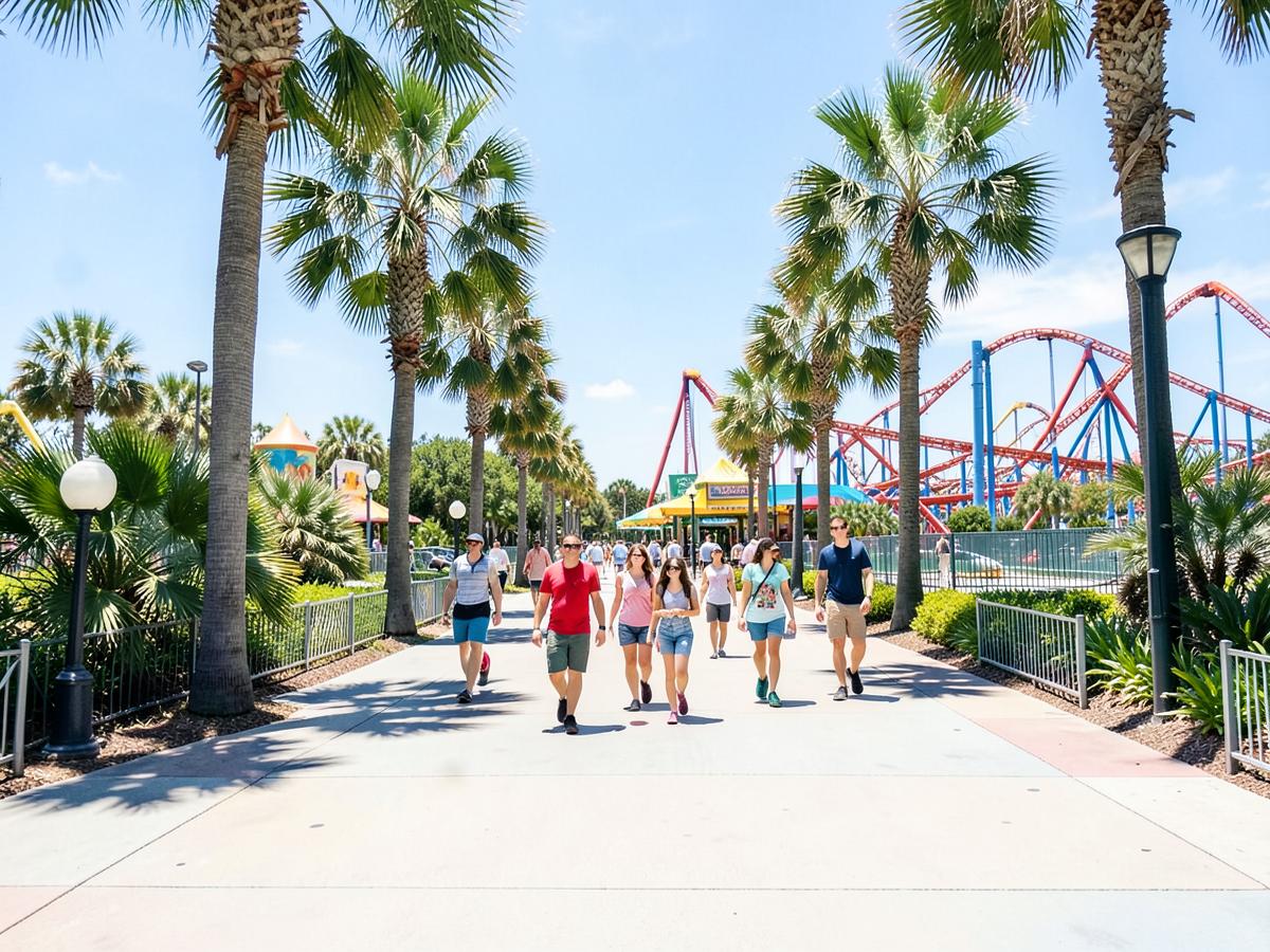 Sunny Orlando theme park walkway lined with palm trees