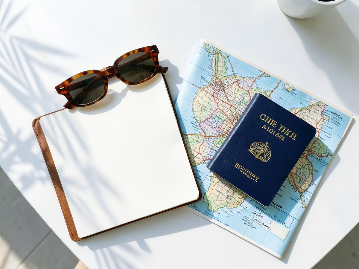 Travel planning notebook, map, passport and sunglasses on a sunny table